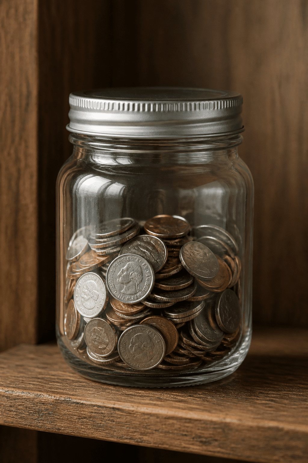 Closeup of a single glass jar labeled “savings” on a wooden shelf
