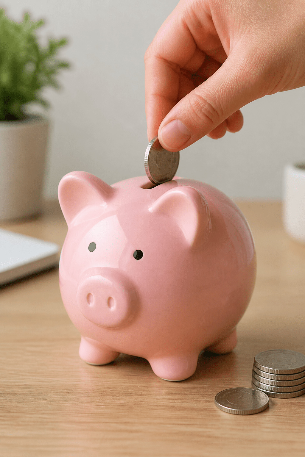 Closeup of a single piggy bank being fed coins on a clean desk
