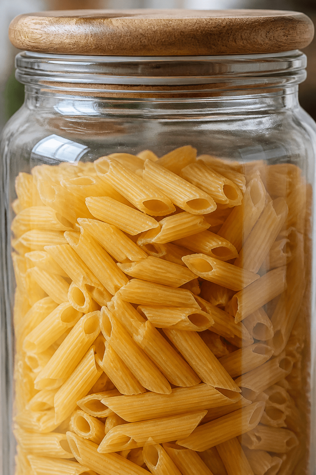 Closeup of bulk pasta on a labeled, clear storage jar