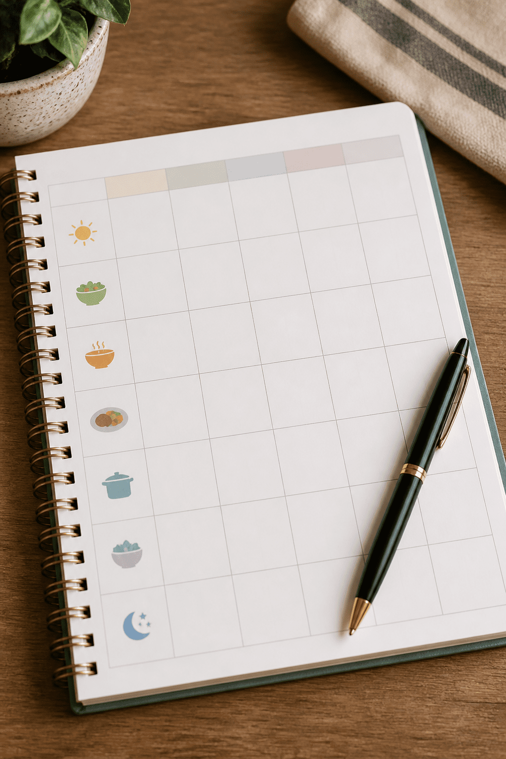 Focused shot of a weekly meal plan notebook and pen