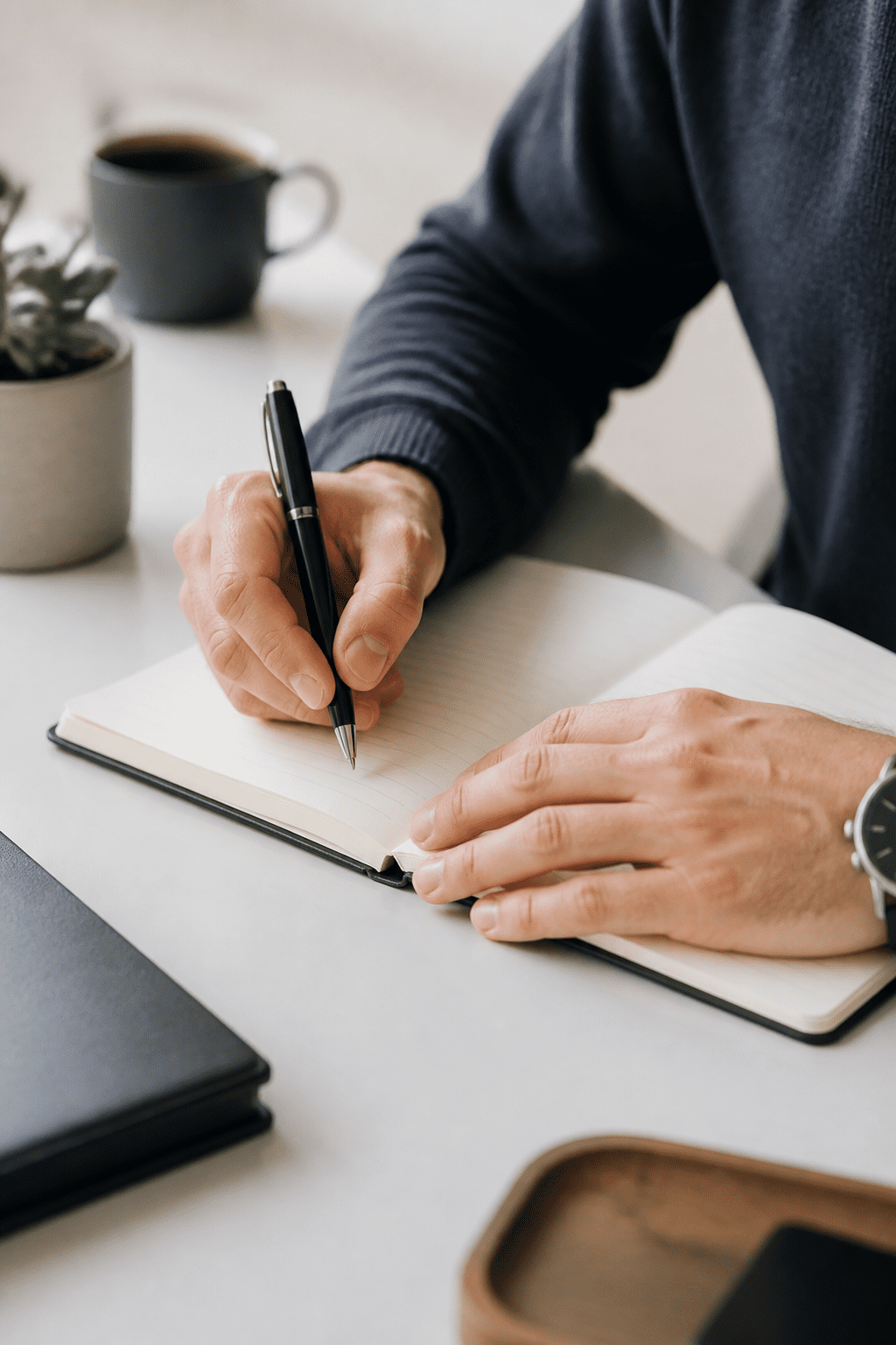 Closeup of a person writing risk tolerance notes on a clean desk