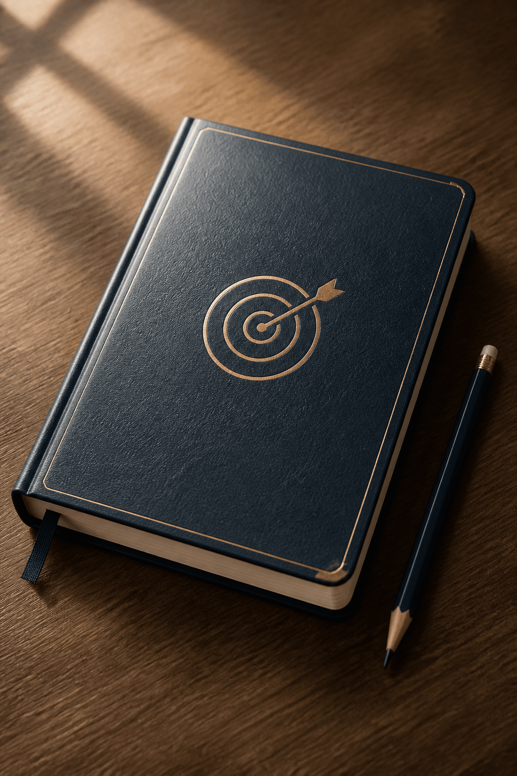 Focused shot of a single goal-oriented financial journal with a pencil
