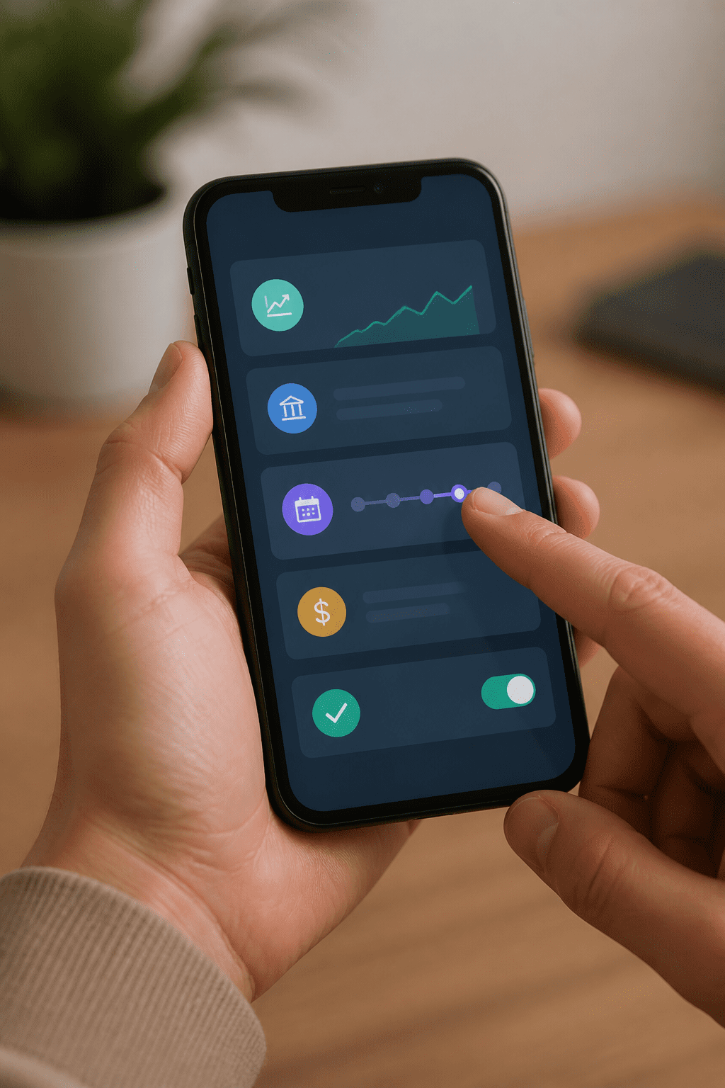 closeup of a single person's hand setting up automatic monthly investment transfer on a smartphone