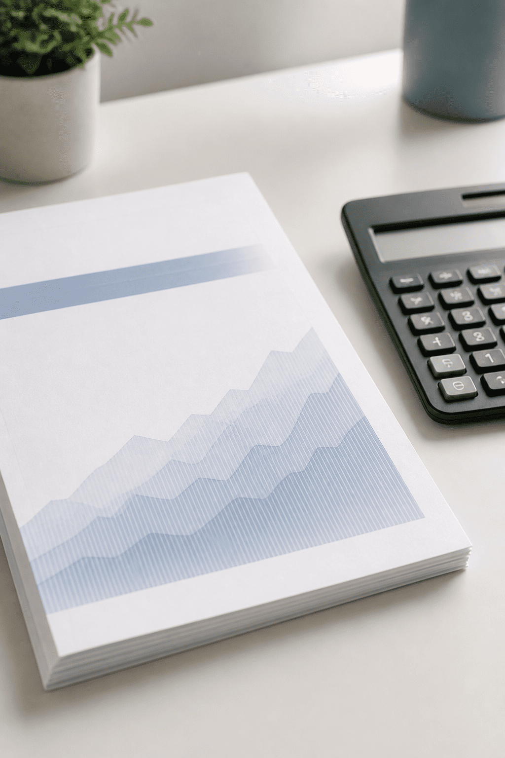 closeup of a single low-cost index fund prospectus and a calculator on a clean desk
