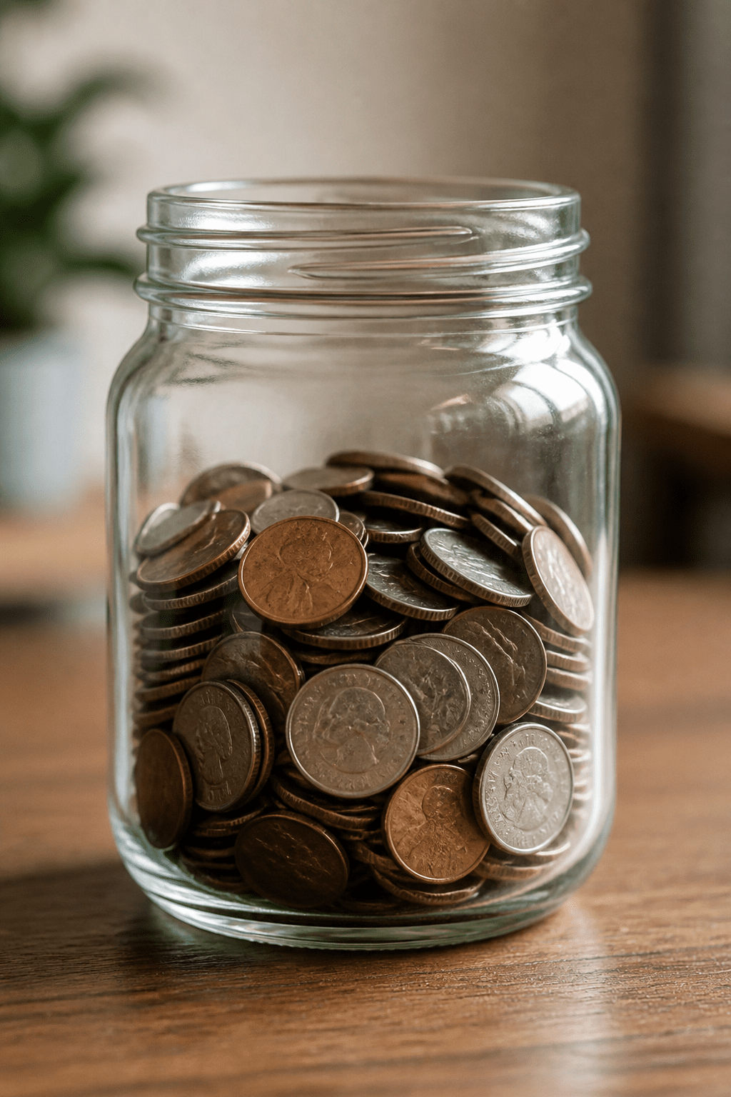 Closeup of a single coin jar labeled “monthly contributions”