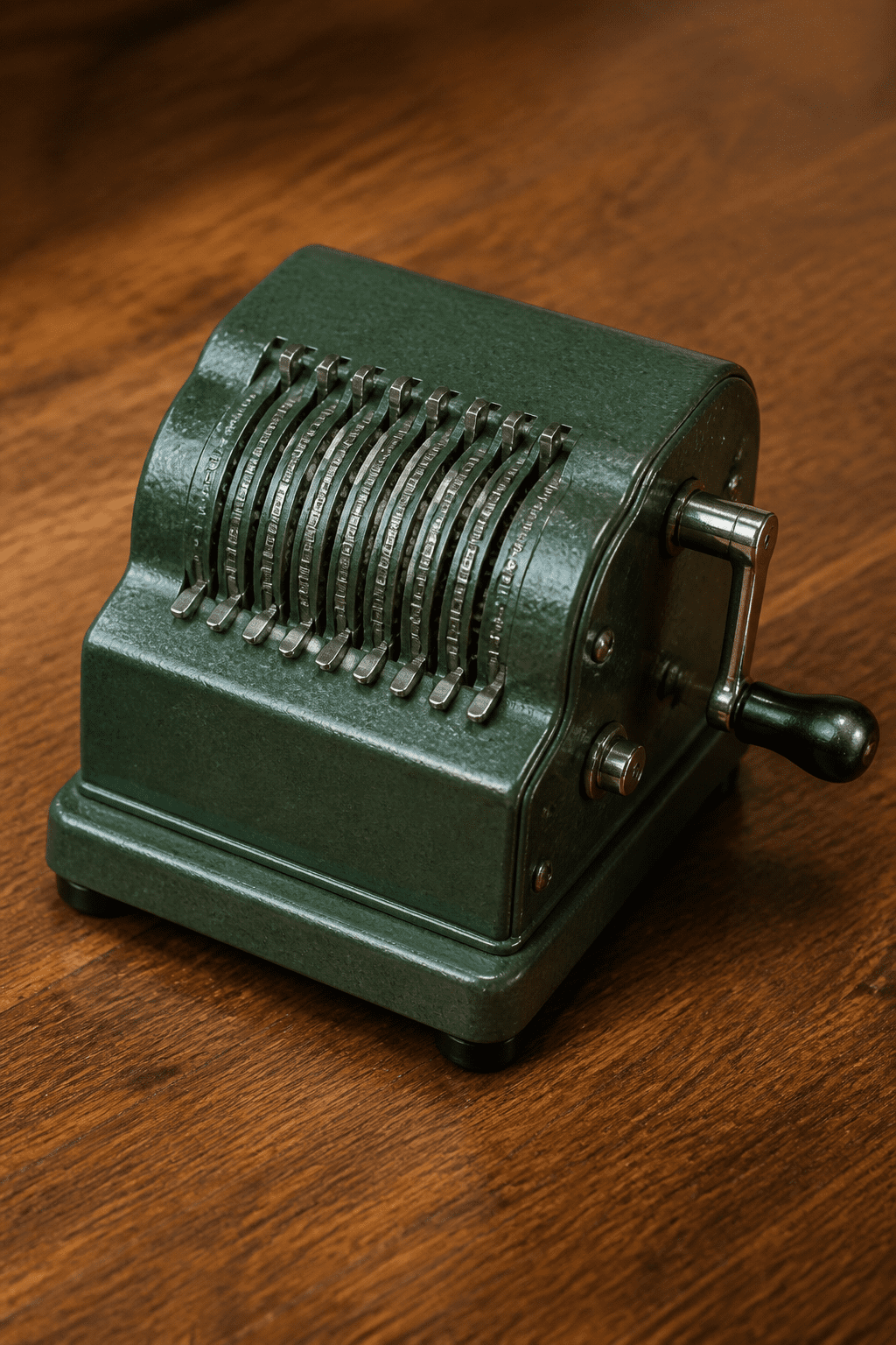 Closeup of a single manual dollar calculator on a wooden desk