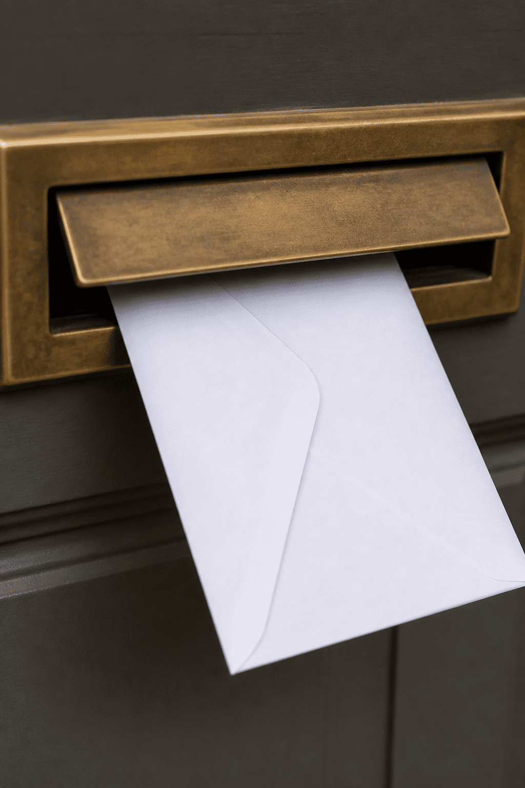 Closeup of a single automatic contribution envelope being inserted into a mail slot