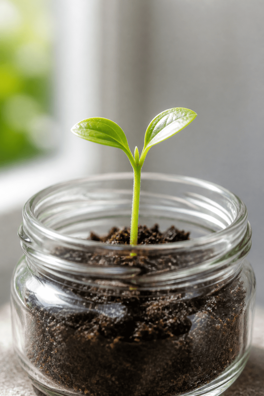 Closeup of a single tiny plant sprout in a clear glass jar