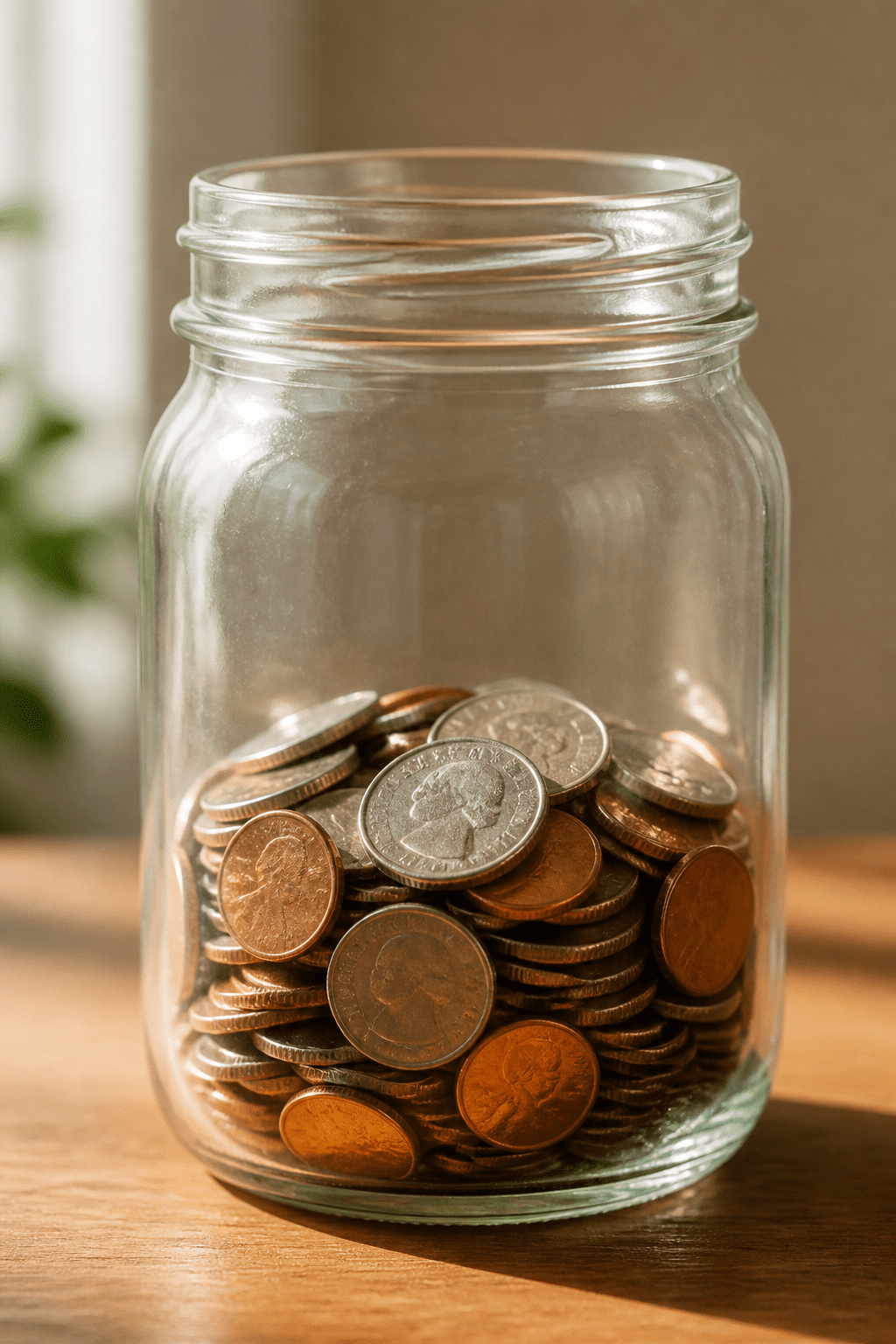 Closeup of a single monthly savings jar with coins