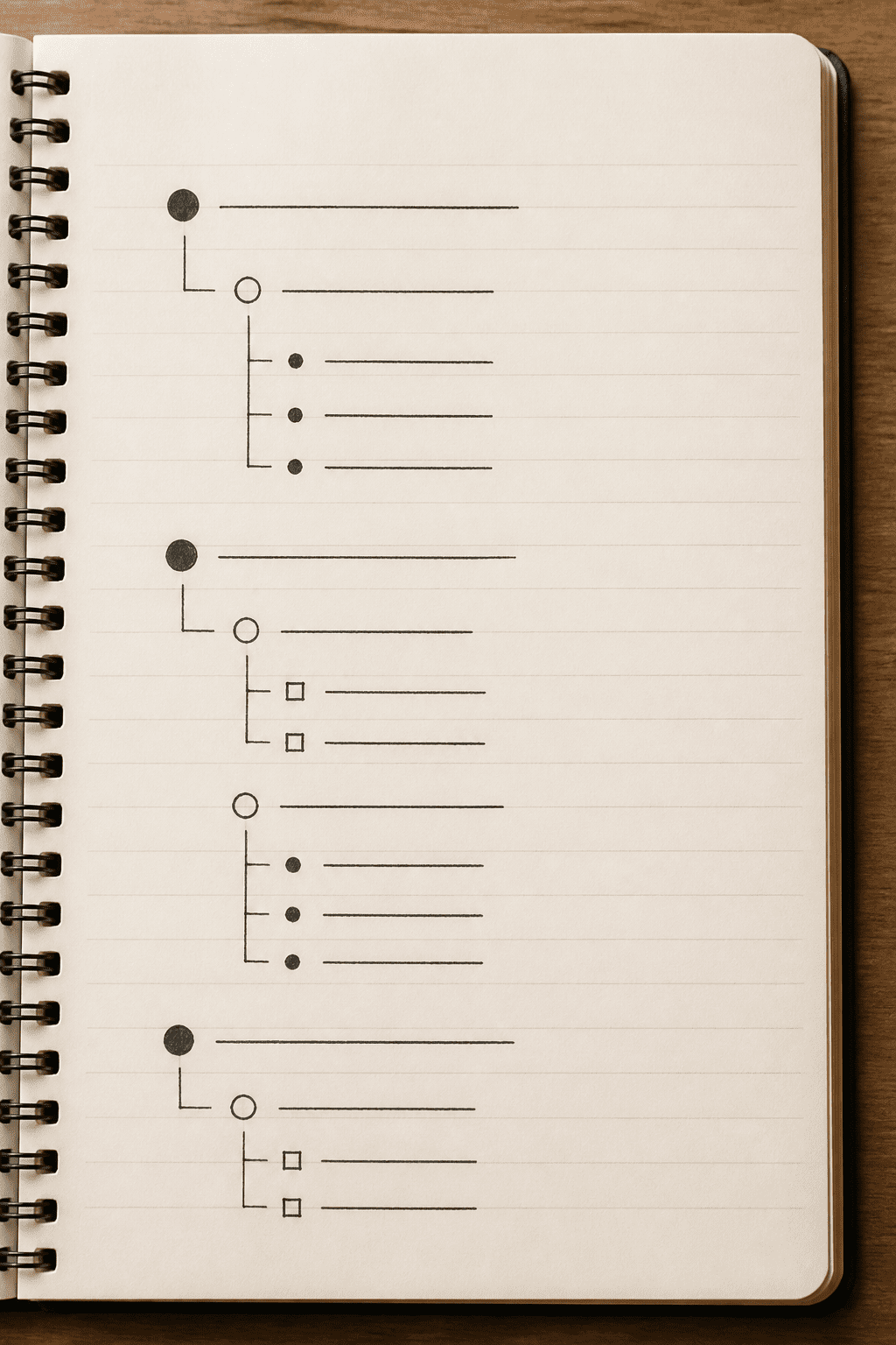Closeup of a single open notebook page showing a simple plan outline
