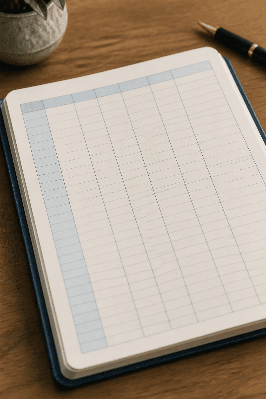 Closeup of a single monthly investment ledger on a desk