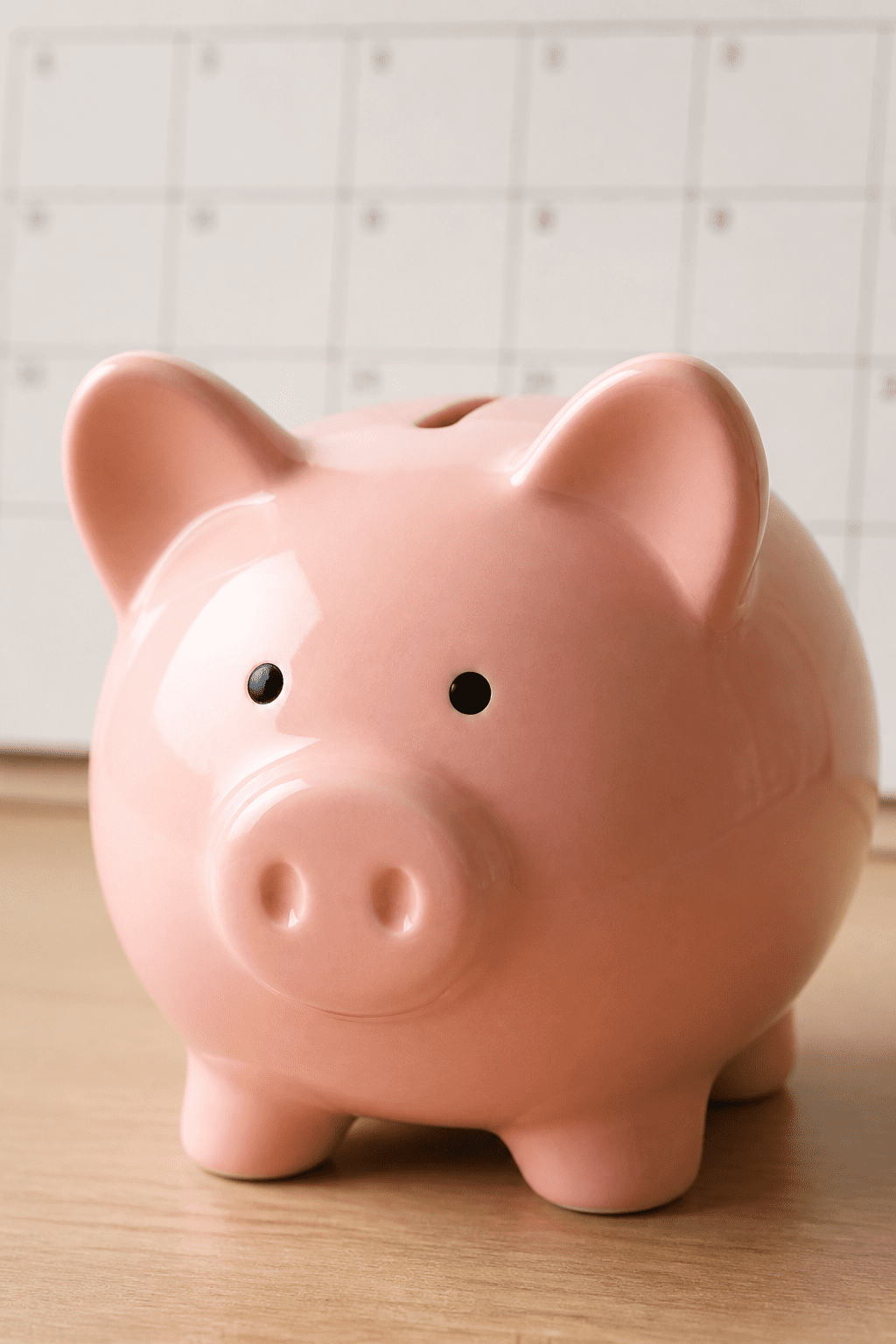Closeup of a lone piggy bank with a calendar background