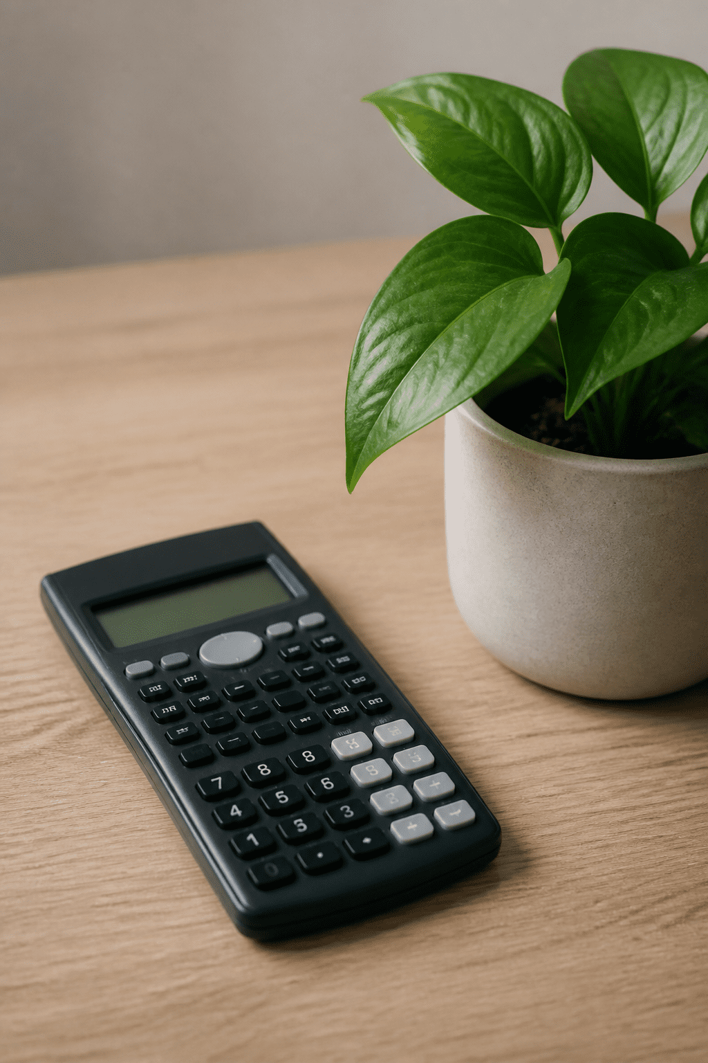 closeup of a lone advisor’s calculator beside a single green plant