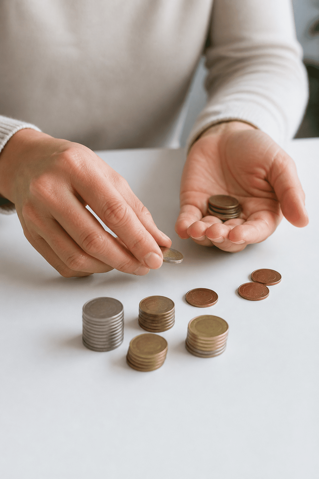 Closeup of a single person’s calm hands counting coins on a white desk