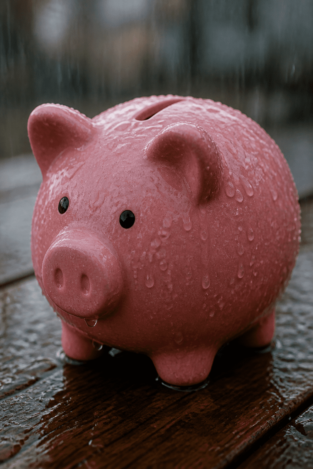 Closeup of a single rain-soaked piggy bank on a wooden table