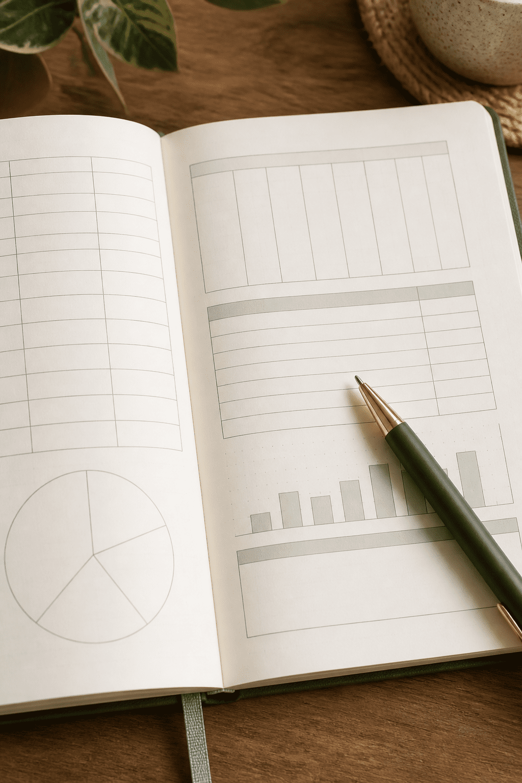 Closeup of a notebook open to budgeting pages with a pen