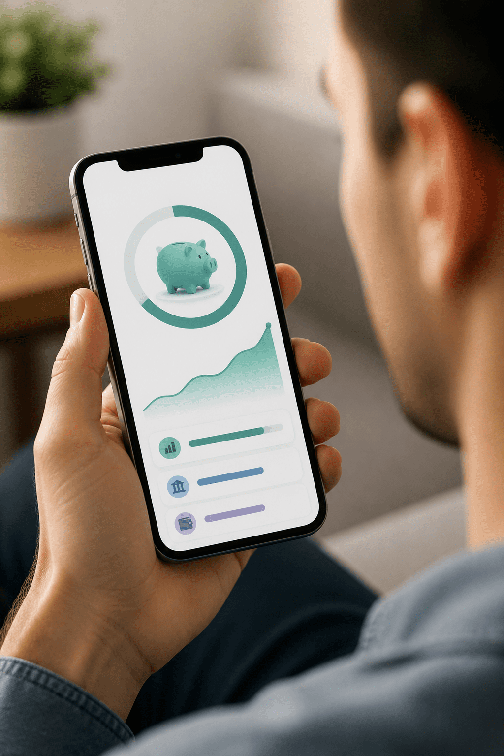Closeup of a person reviewing a financial app displaying a progress bar toward a $10,000 goal